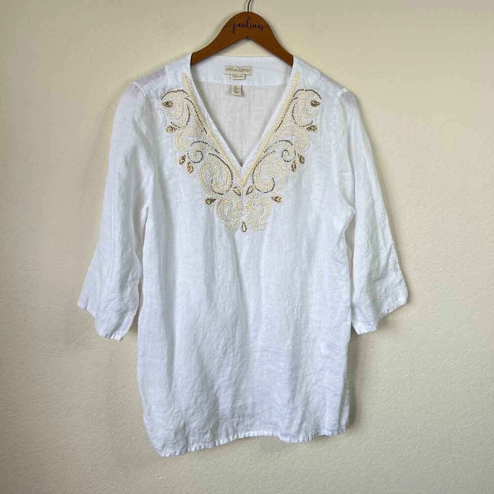 Cynthia Rowley Tunic Womens Large White Linen Embroidered Boho Beaded Top L